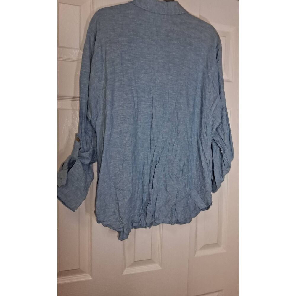 Susan graver womens large linen shirt blue tab sleeve shirt with side pockets - Picture 3 of 8